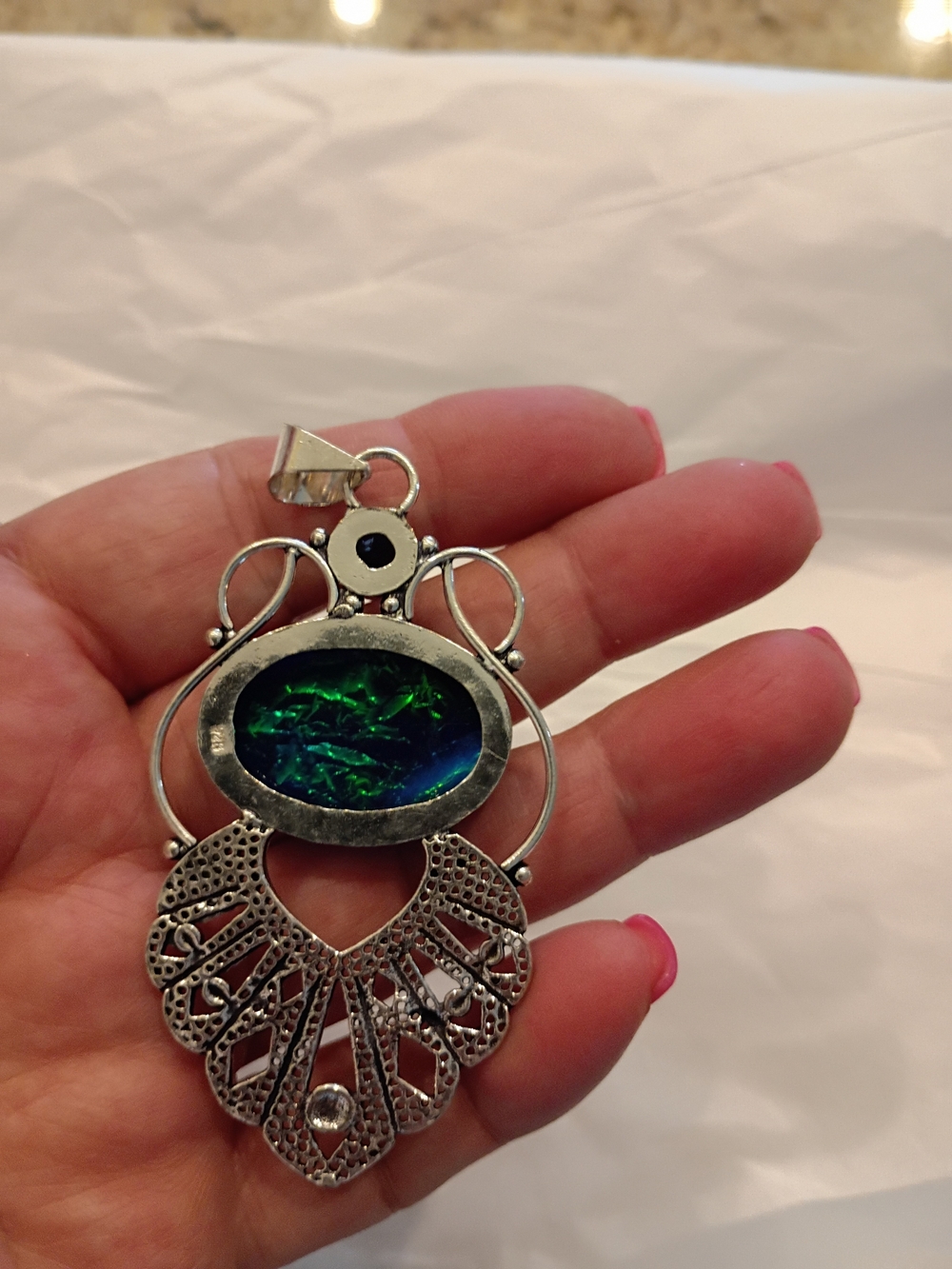Silver Filigree Pendant with Blue-Green Opal Center And Blue Sapphire Stone - Picture 4 of 7